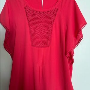 Anthropologie Vibrant Coral Lace Accent Blouse